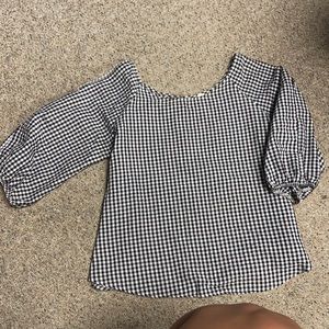 Gingham, open shoulder blouse.